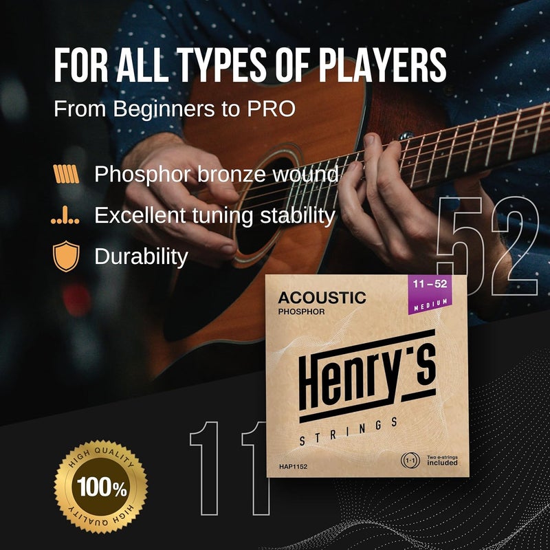 Henry's Strings Medium Acoustic Guitar Strings Medium 11-52 - Extra E1 String & 3 Guitar Picks Bonus - Phosphor Bronze Acoustic Guitar Strings 6 String Set - Image 3